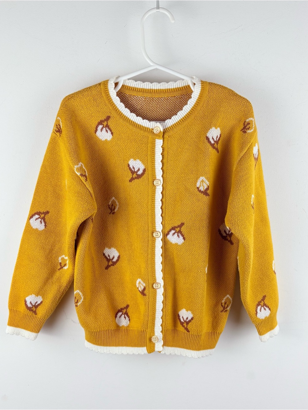 Girl Mustard Yellow Knit Scalloped Cardigan Sweater Size 4 5 Fall Floral Dainty